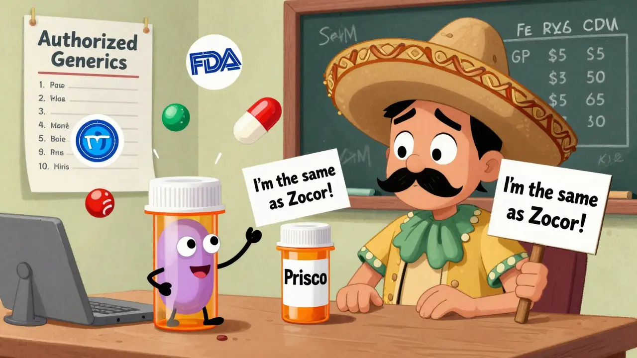 Confused patient surprised by a friendly pill revealing it's the same as the brand name, in vibrant Mexican animation style.