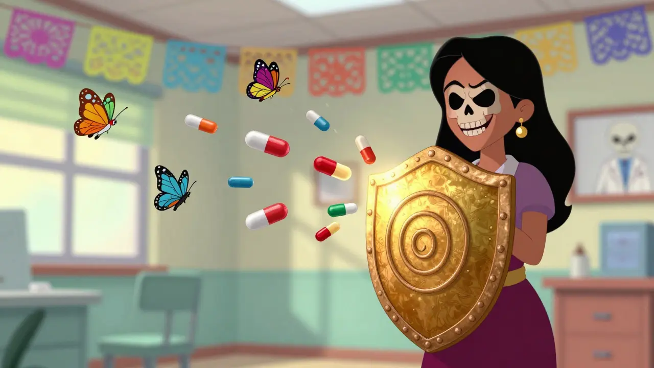 Copper IUD shield blocking rifampin capsule while other antibiotics flutter harmlessly by.