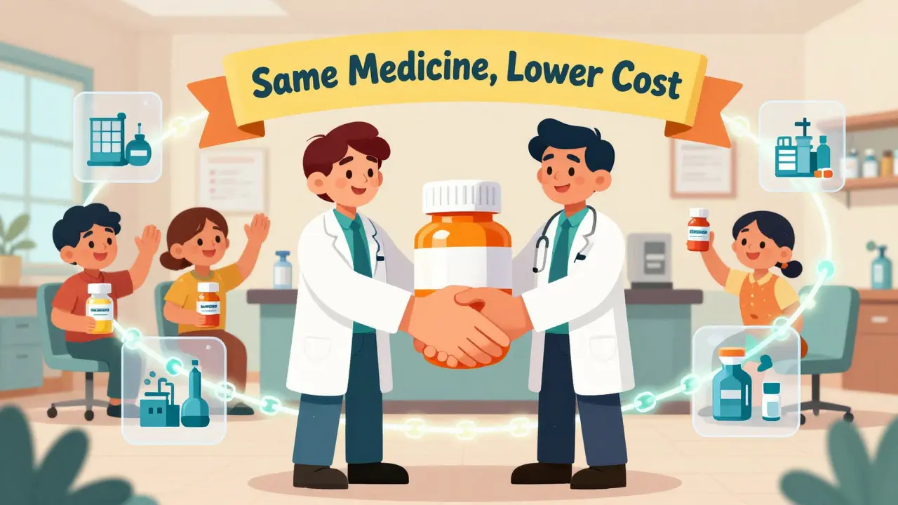 Doctor and pharmacist holding a handshake-shaped pill, with patients smiling and a blockchain glowing behind them.