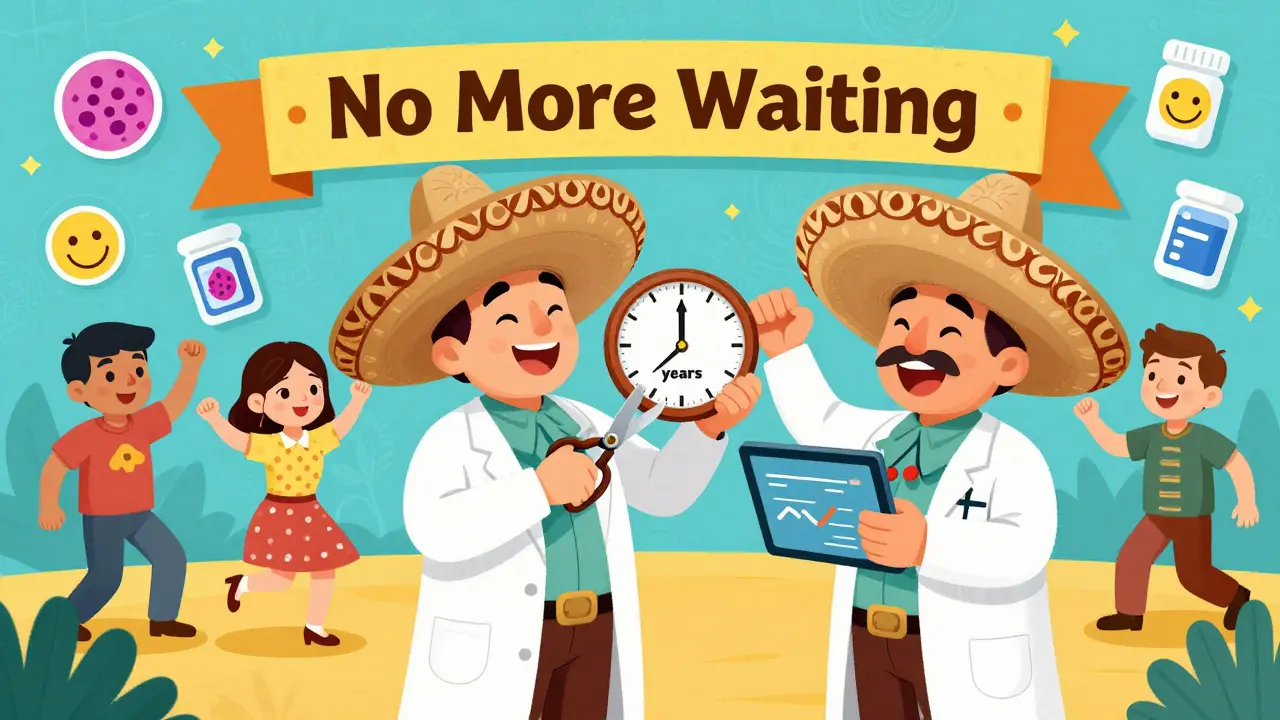 Doctor cutting a '5-year wait' clock while patients celebrate, with medical icons floating in colorful scene.