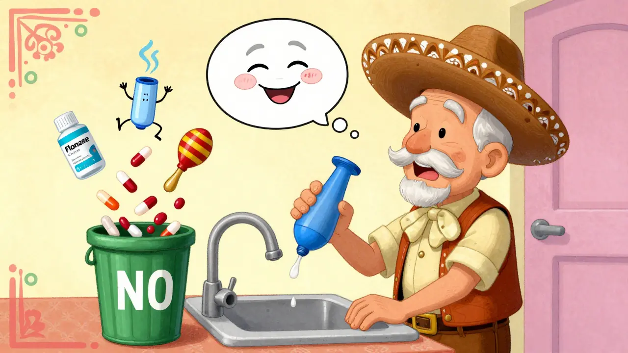 Elderly man using neti pot, relaxed prostate in thought bubble, decongestants in trash, safe options dancing nearby.