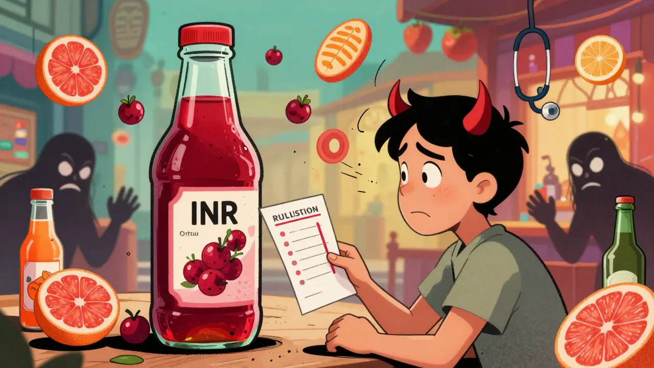 Giant cranberry juice bottle with horns causing a patient's INR to spike, surrounded by dangerous drinks in a vibrant market scene.