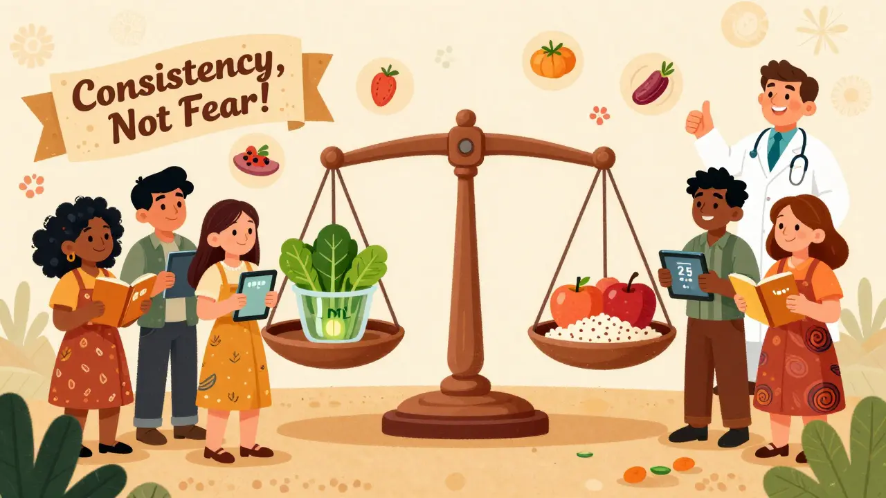 Group of people holding food journals around a balanced scale with INR meter showing 2.5, in lively Mexican cartoon style.