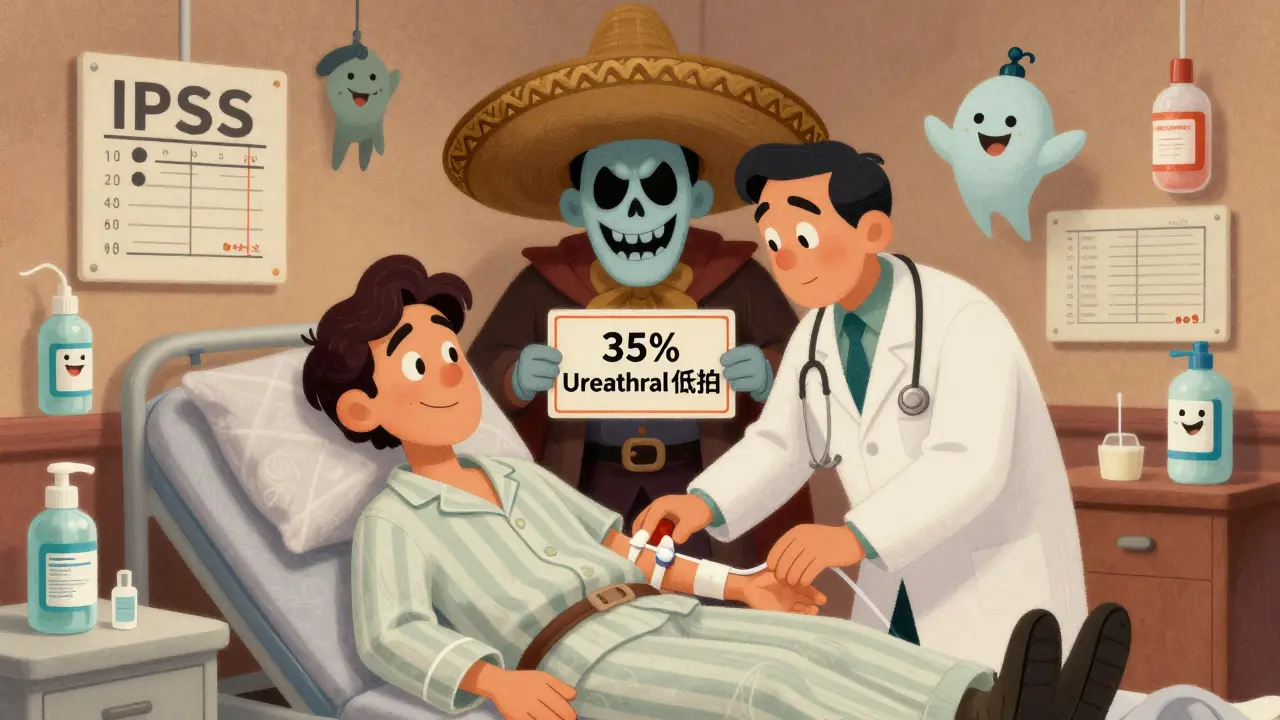 Man being catheterized in hospital, villainous pseudoephedrine figure looming, safe nasal treatments as heroes.