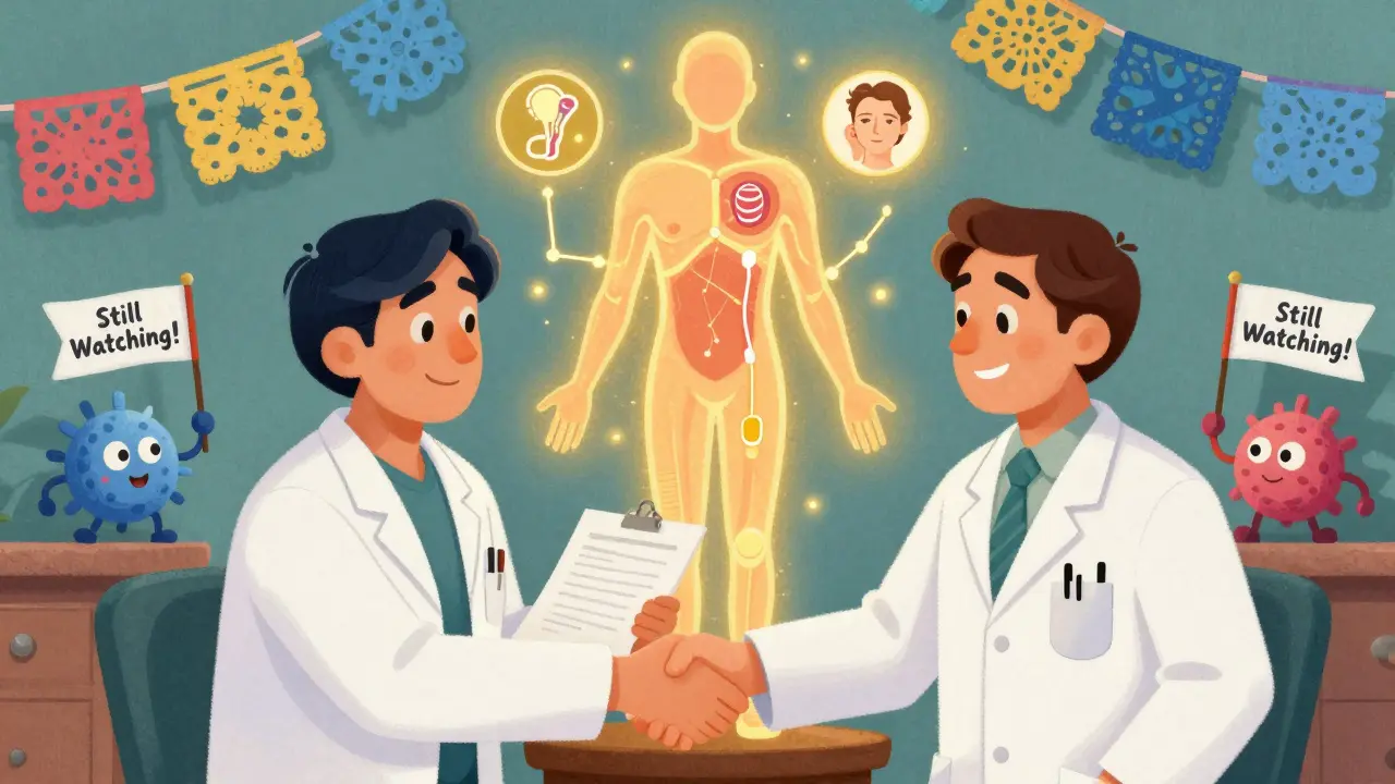 Oncologist and rheumatologist teamwork with glowing patient body and screening icons in folk-art style.