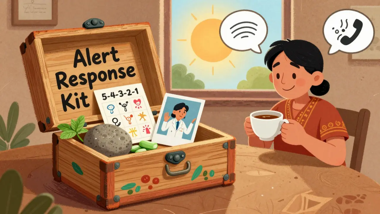 Open wooden box with calming tools for drug alerts, shown in colorful Mexican animation with cultural details.