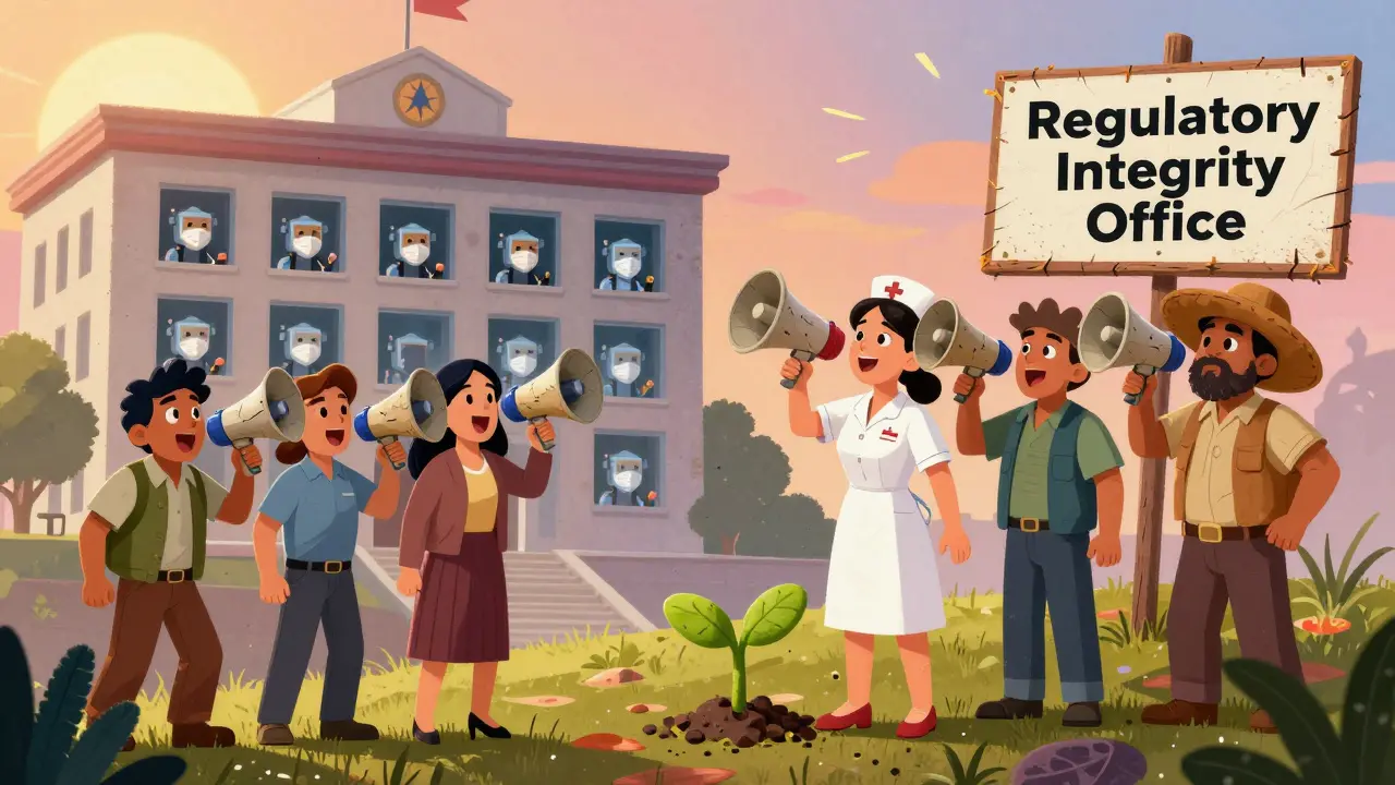 Ordinary citizens shouting with megaphones as AI bots flood a government building, with a sprout growing nearby.