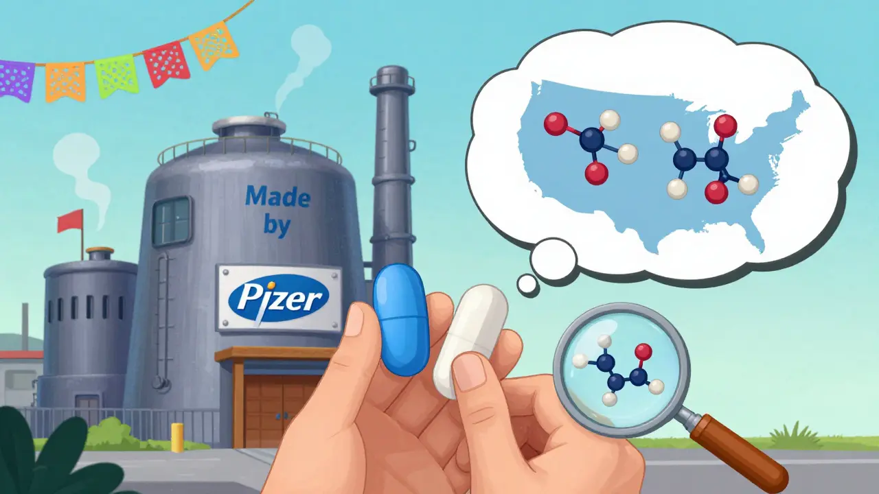 Patient holding two different pills with a thought bubble showing both come from the same factory, illustrated in Mexican cartoon style.