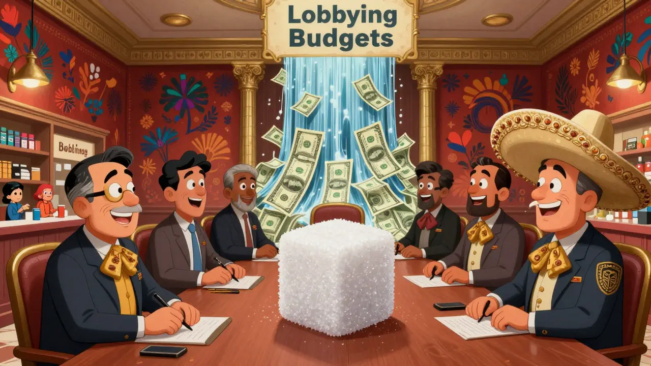 Regulators and executives sharing a giant sugar cube while consumers pay high prices in the background.