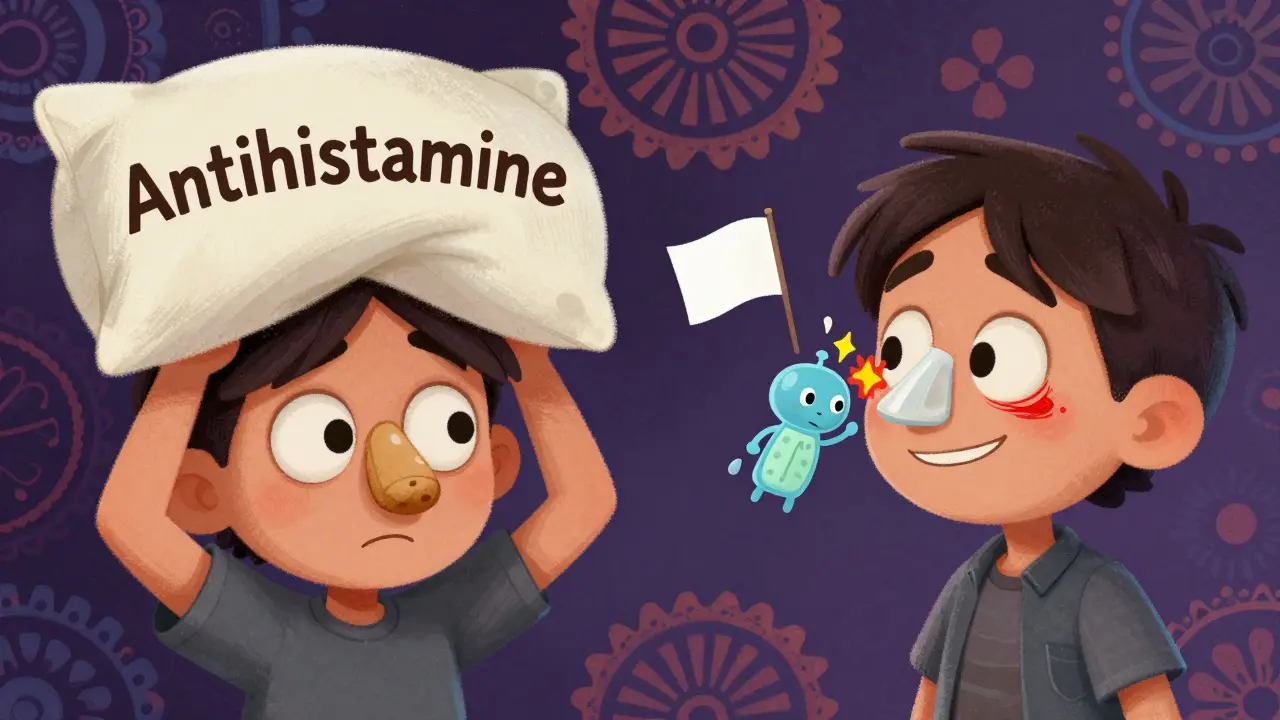 Split scene: one person stuffed up with a pill, another relieved with a nasal spray calming inflammation.