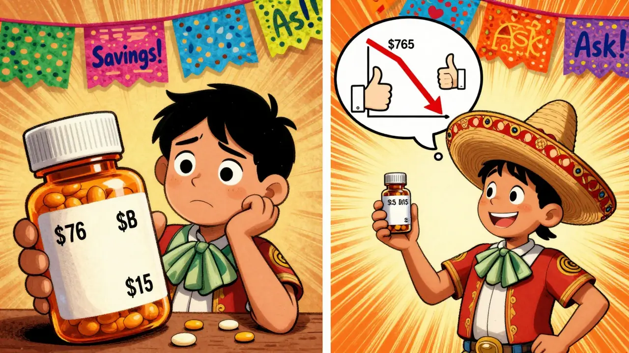 Split scene: person shocked by high brand-name price vs. smiling with cheap generic pill and sombrero.