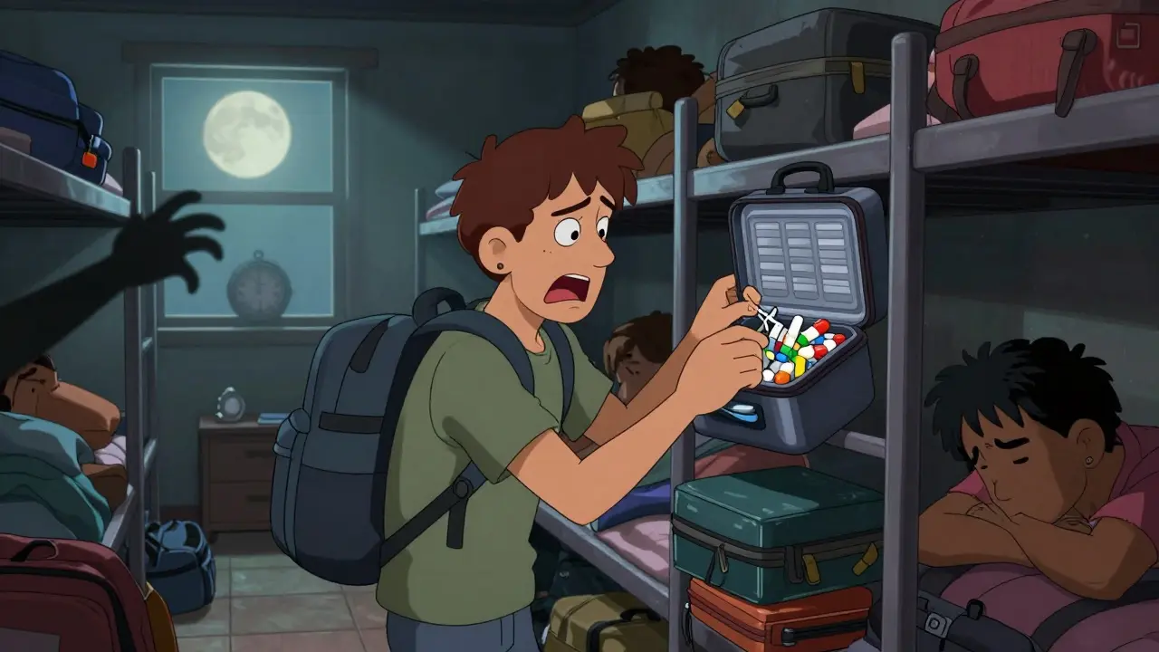 A backpacker locks pills in a portable safe on a high rack in a crowded hostel dorm.
