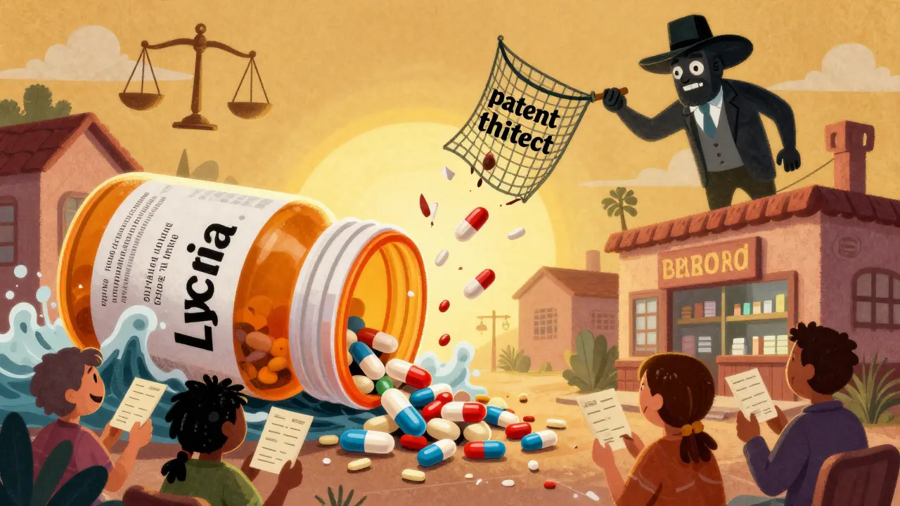 A brand-name pill shatters as affordable generics flood a pharmacy, patients smile with low-price receipts, while a torn patent net falls apart above.