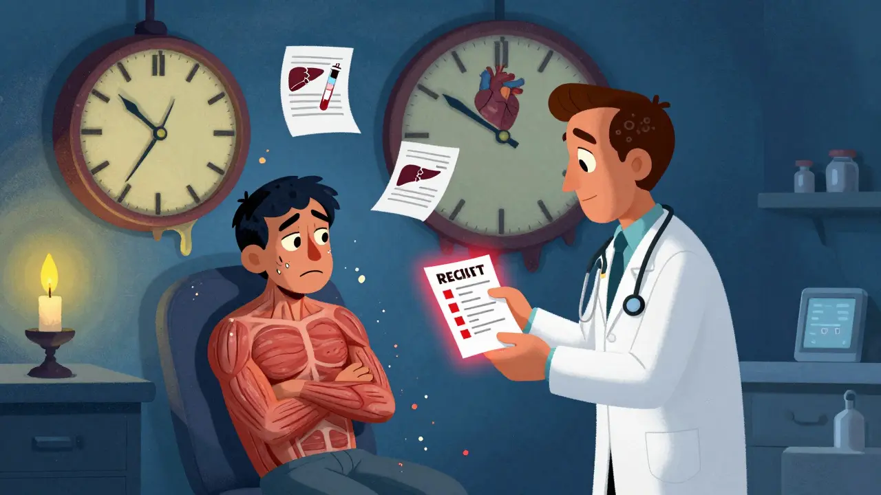 A doctor holds a glowing red blood test as a patient's muscles crumble, with a melting clock in the background.