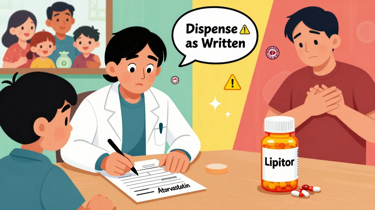 A doctor writes 'Dispense as Written' on a prescription as a patient checks their generic medication label.