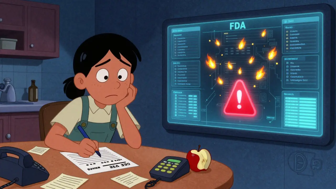 A patient filling out a report at home while a digital dashboard in the background shows incoming safety reports from across the country.