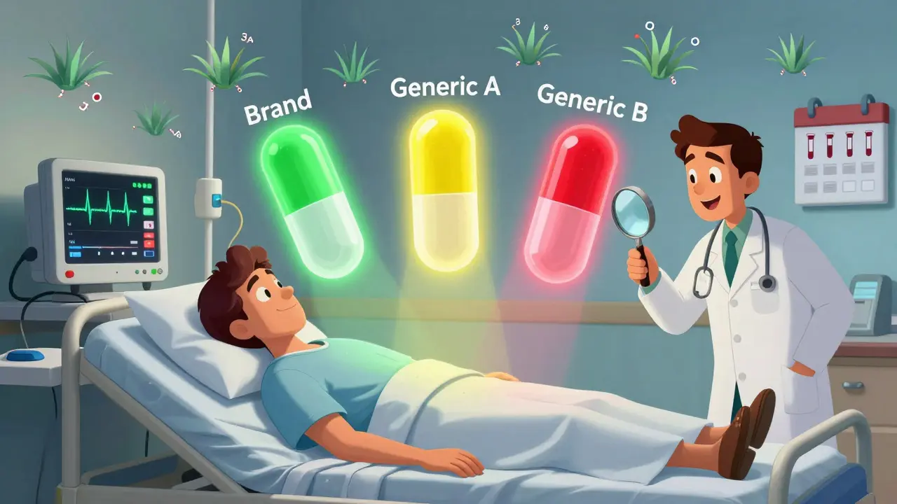 A patient in bed with three floating pill versions casting colored lights, a doctor using a magnifying glass, and enzyme symbols shaped like agave plants in the sky.