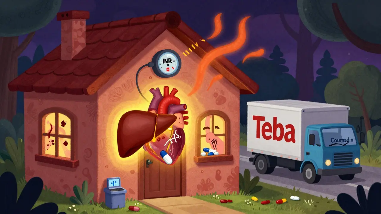 A person’s body as a house with a fluctuating INR gauge on the roof, showing effects of switching warfarin generics.