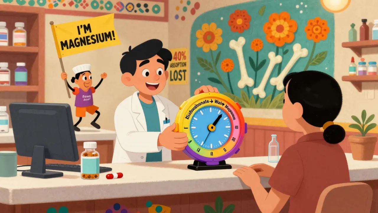 A pharmacist hands a patient a timing wheel to help separate osteoporosis medication and magnesium supplements, with animated warning bottles in the background.