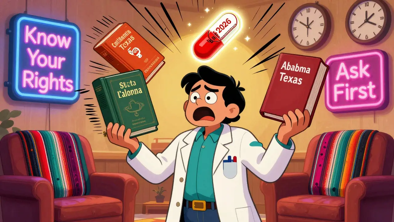 A pharmacist juggles state rulebooks while a glowing biosimilar pill hovers above, with a 2026 clock in the background.