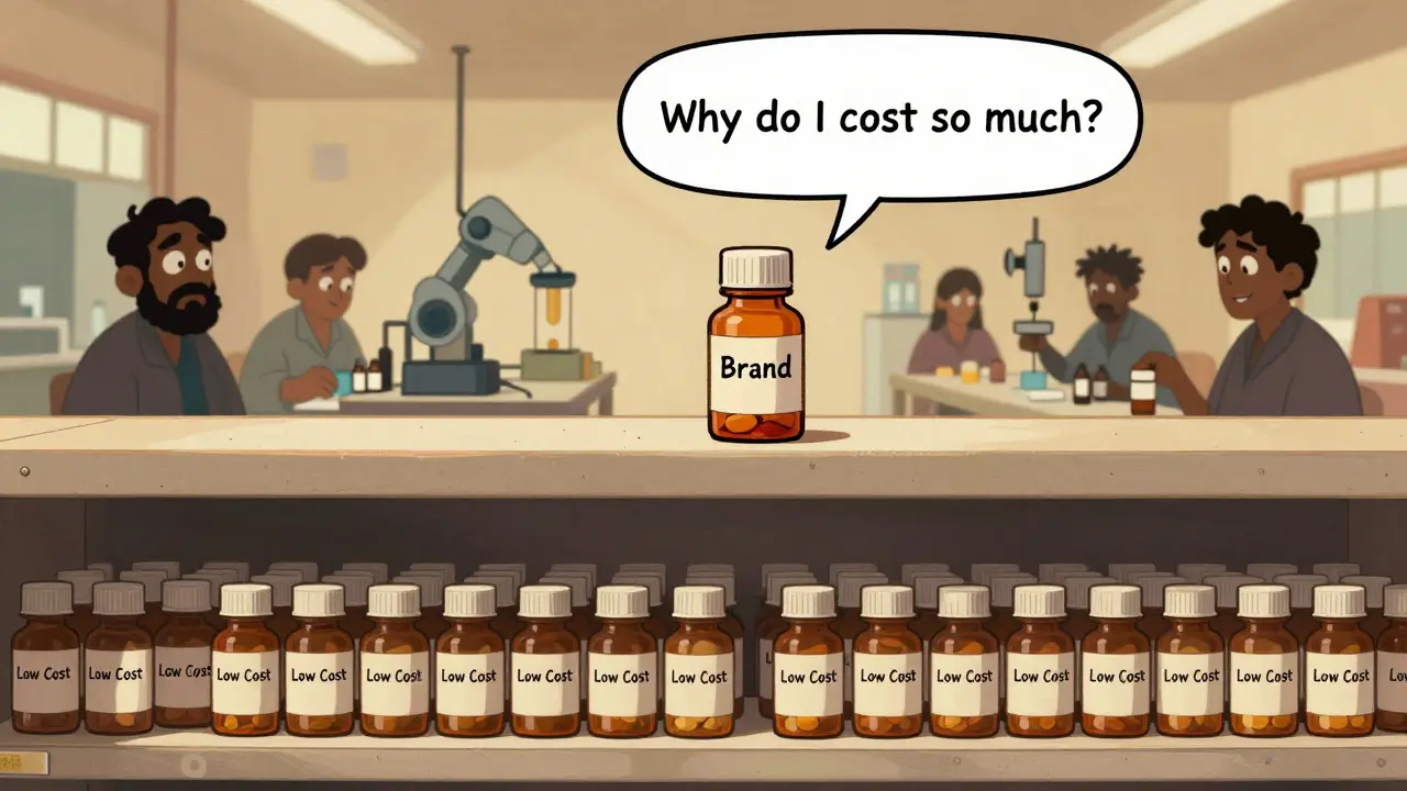 A pharmacy shelf filled with cheap generic pills while workers in U.S. and Indian factories are shown behind them.
