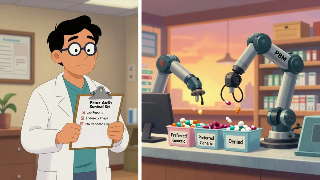 A provider's office with a checklist beside a robotic pharmacy sorting pills into 'Preferred' and 'Denied' bins.