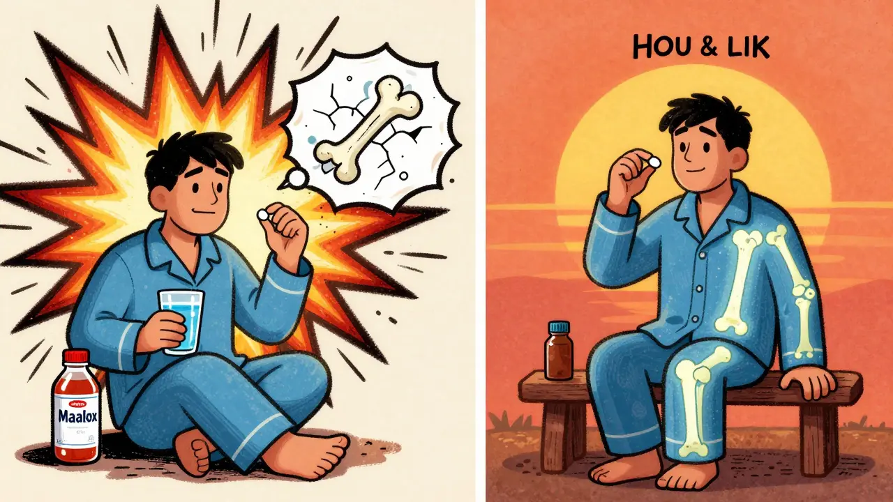 A split scene shows a man making a mistake with magnesium and his osteoporosis pill on one side, and correctly timing them on the other, with glowing bones on the right.