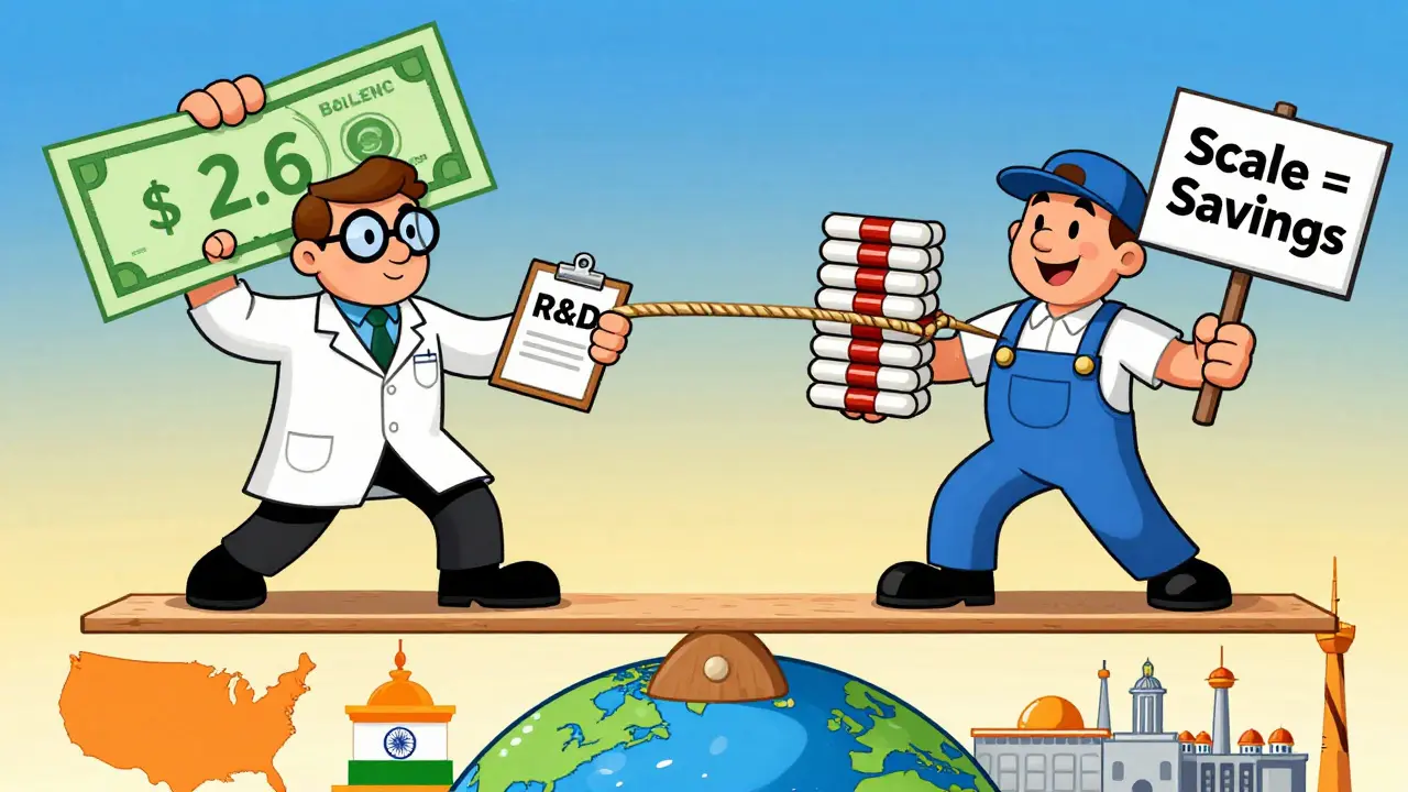A tug-of-war between a scientist with an R&amp;D bill and a factory worker holding millions of pills, balanced over a globe.