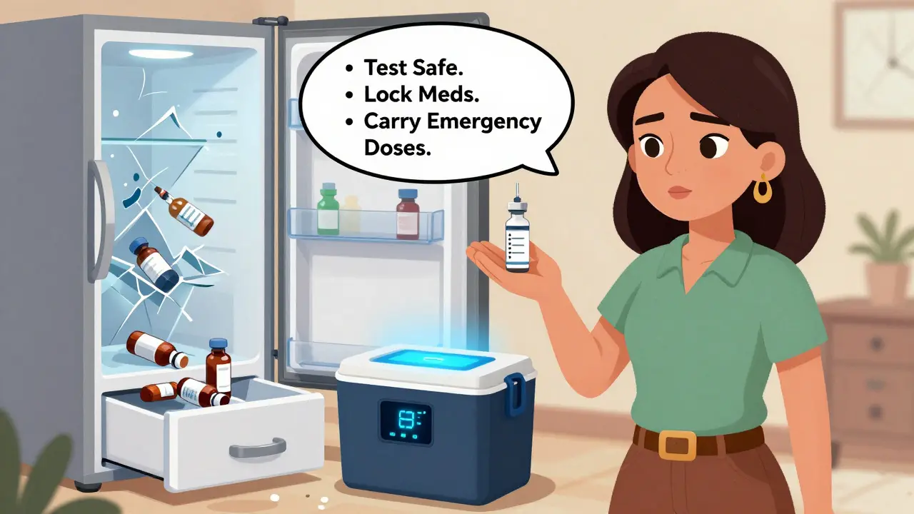 A woman holds insulin next to a glowing biometric cooler, avoiding spoiled meds from a broken fridge.
