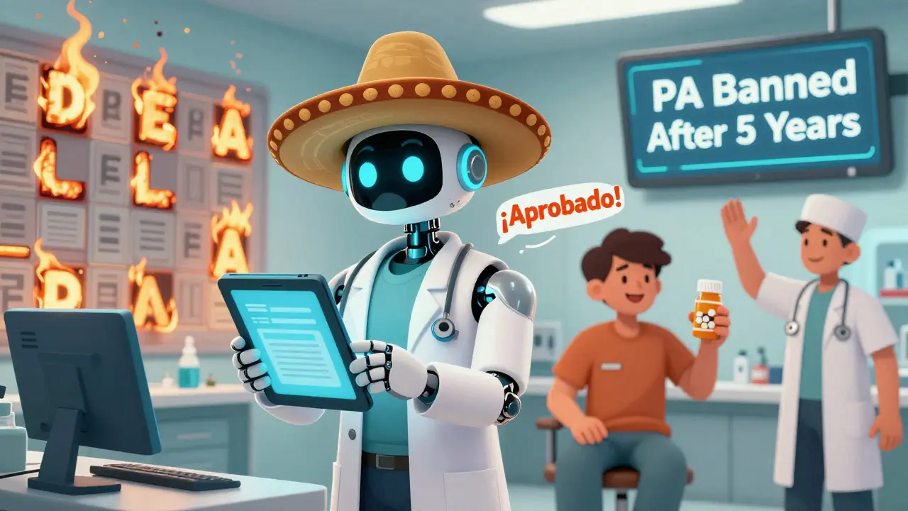 An AI robot with a sombrero approves a prescription as denial letters burn, symbolizing reform in 2026.