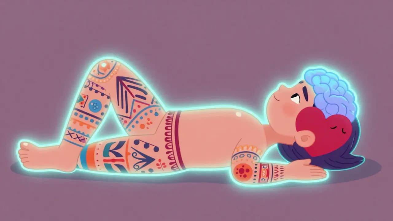 Body scan technique with glowing body parts and folk art patterns