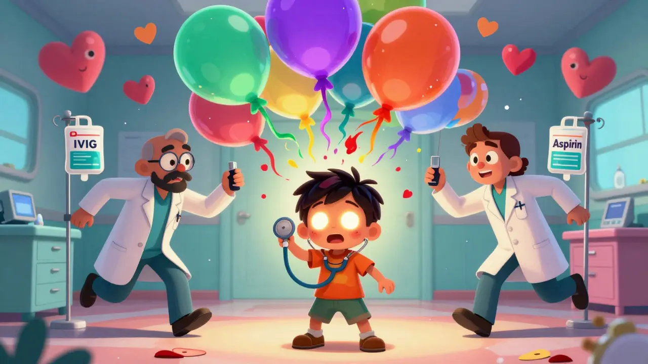 Child with glowing arteries resembling piñatas, doctors rushing to administer treatment.