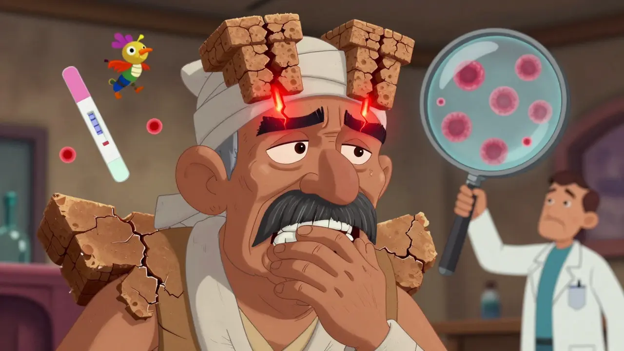 Elderly man with temple artery pain, floating urine test with red blood cells as alebrijes.