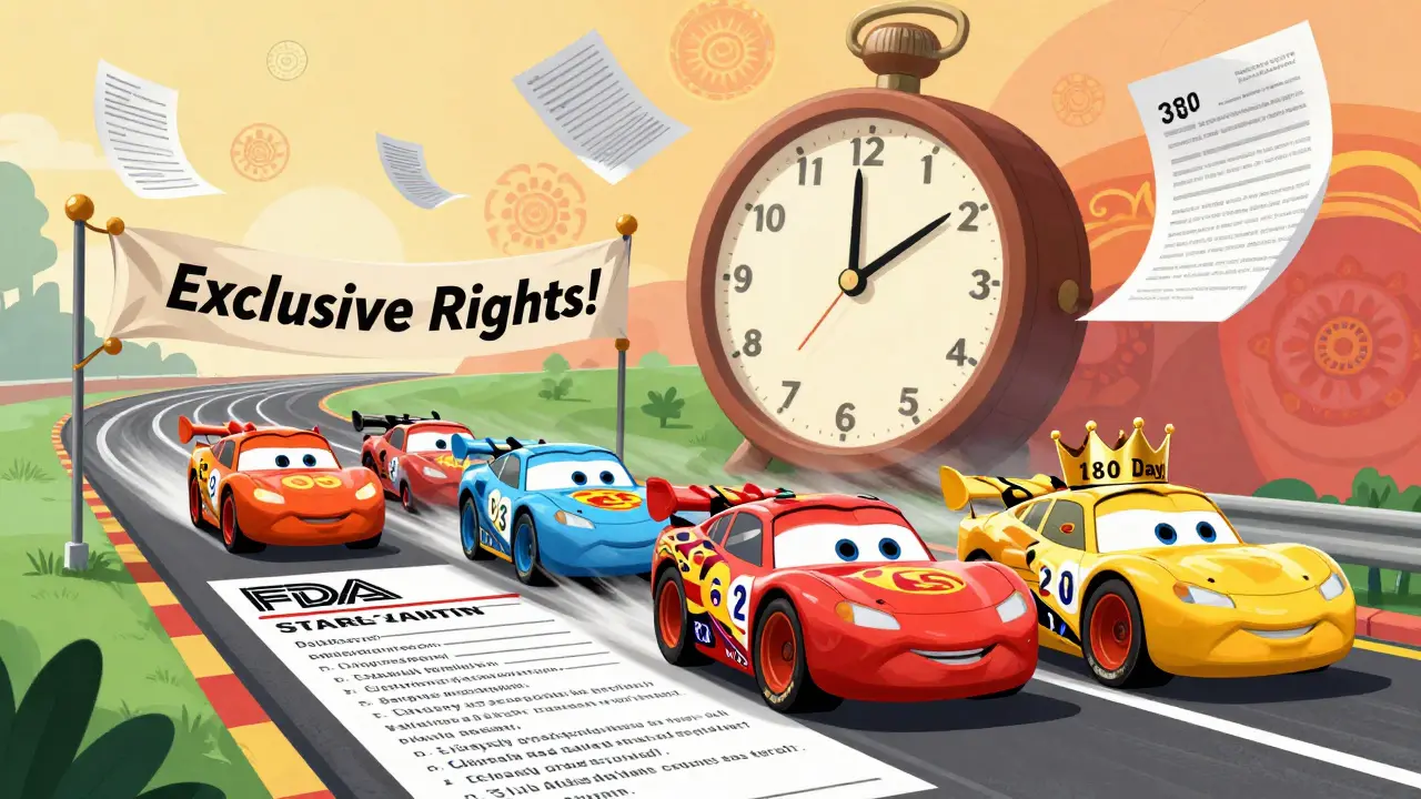 Generic drug companies race on an FDA approval track, the first one crowned with 180-day exclusivity as a 30-month clock ticks behind them.
