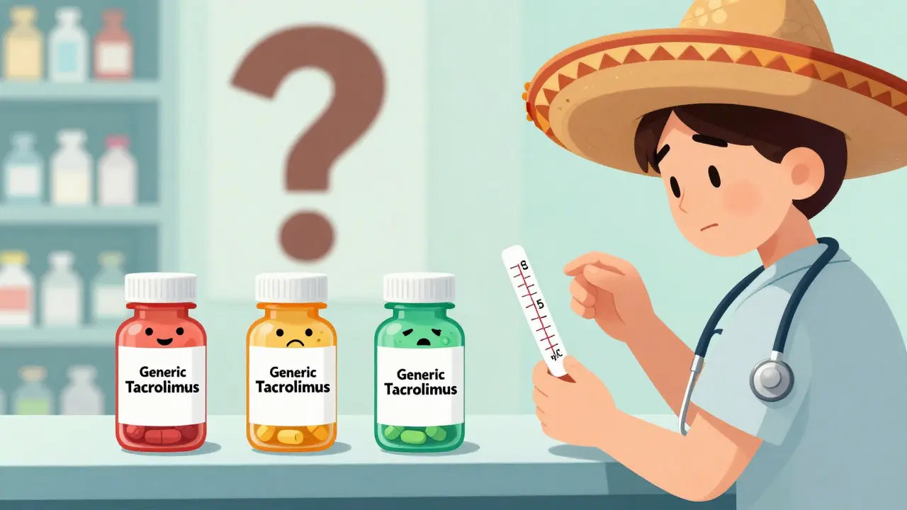 Three generic pill bottles with different faces at a pharmacy counter, a patient holding a blood test strip with a fluctuating level, and a giant question mark above.