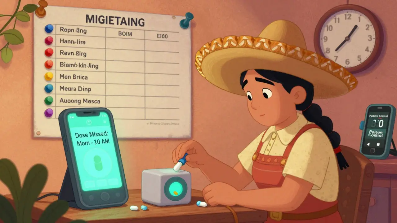 A caregiver monitoring a smart pill dispenser with an alert on phone and a detailed medication list on the wall.