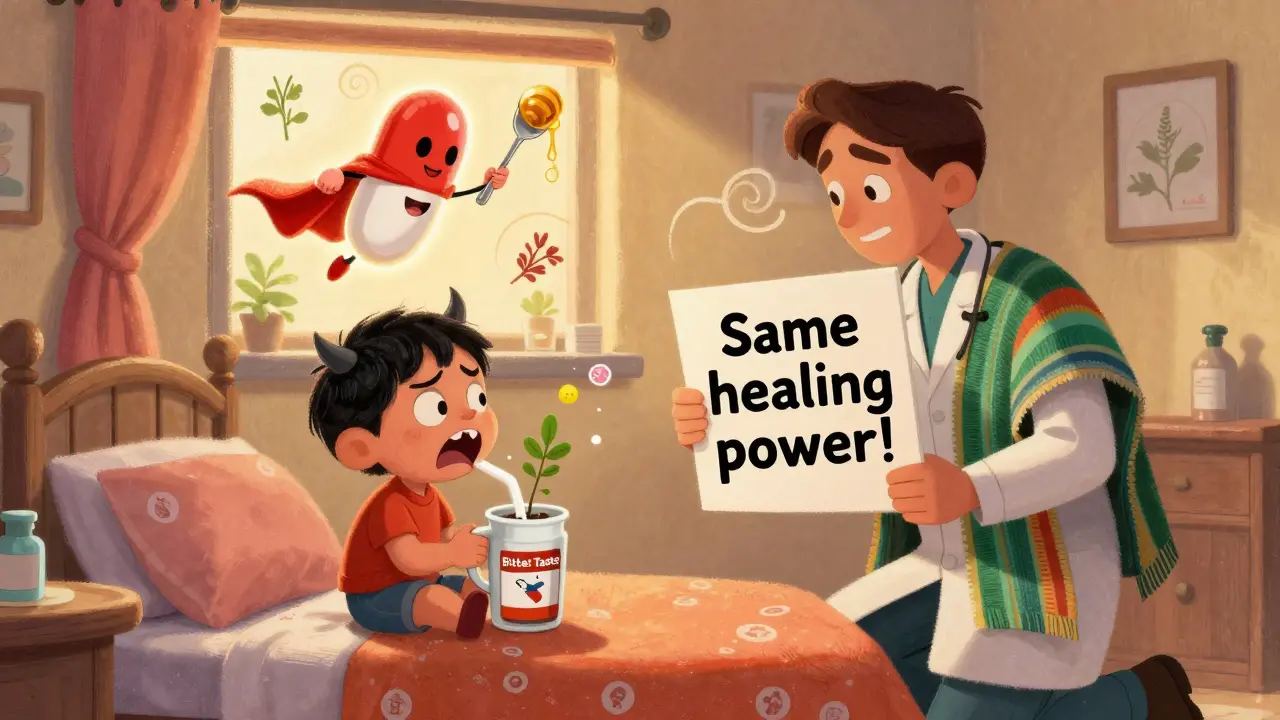 A child refuses a bitter liquid medicine as a superhero pill flies in with a honey spoon, while a pediatrician holds a reassuring sign.