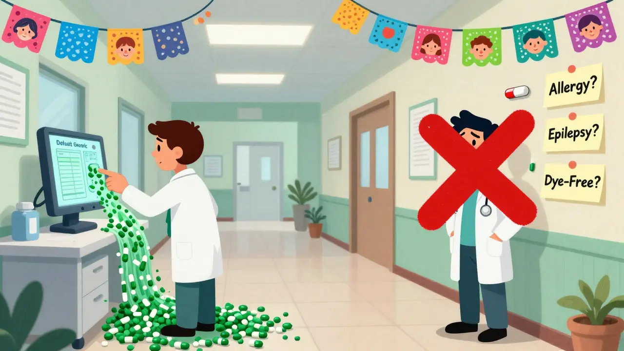 A doctor clicking 'Default Generic' on a screen while generic pills flood the room, with concerns on the wall