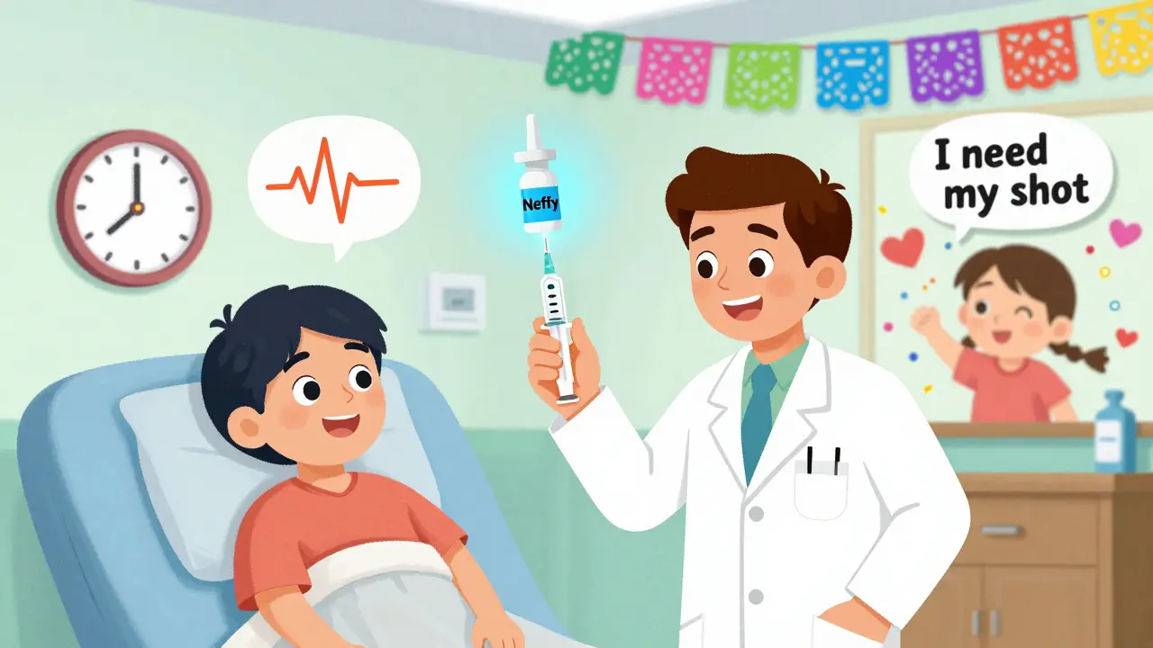 A doctor holds a used injector next to a recovering patient, with Neffy spray and stabilizing heartbeat icons floating nearby in vibrant Mexican animation style.