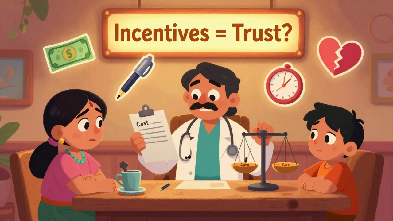 A doctor weighing cost against care, surrounded by incentive icons, as a patient looks on anxiously