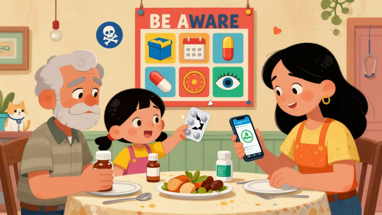 A family checks medicine packaging together using a smartphone app, with a BE AWARE poster on the wall.