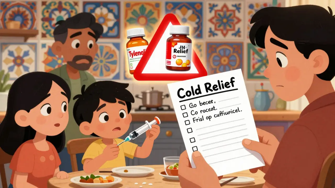 A family using a dosing syringe while a warning highlights duplicate ingredients in two medicine bottles.