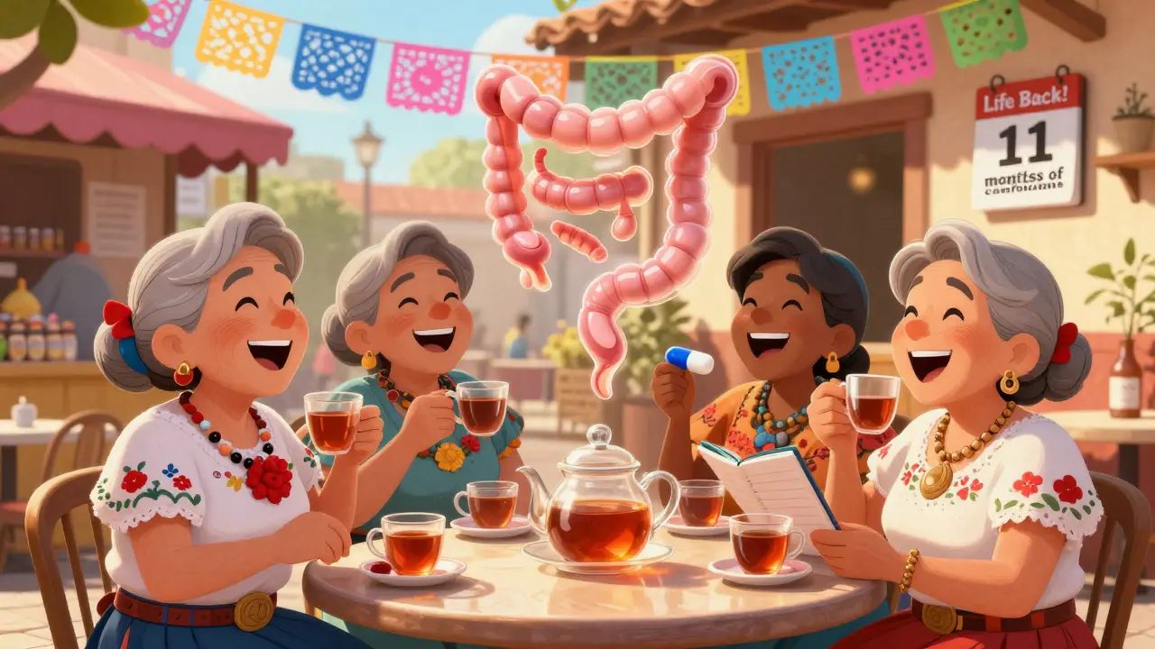 A group of older women laughing at a café, holding a symptom diary and budesonide capsule, with a healthy colon floating above them.