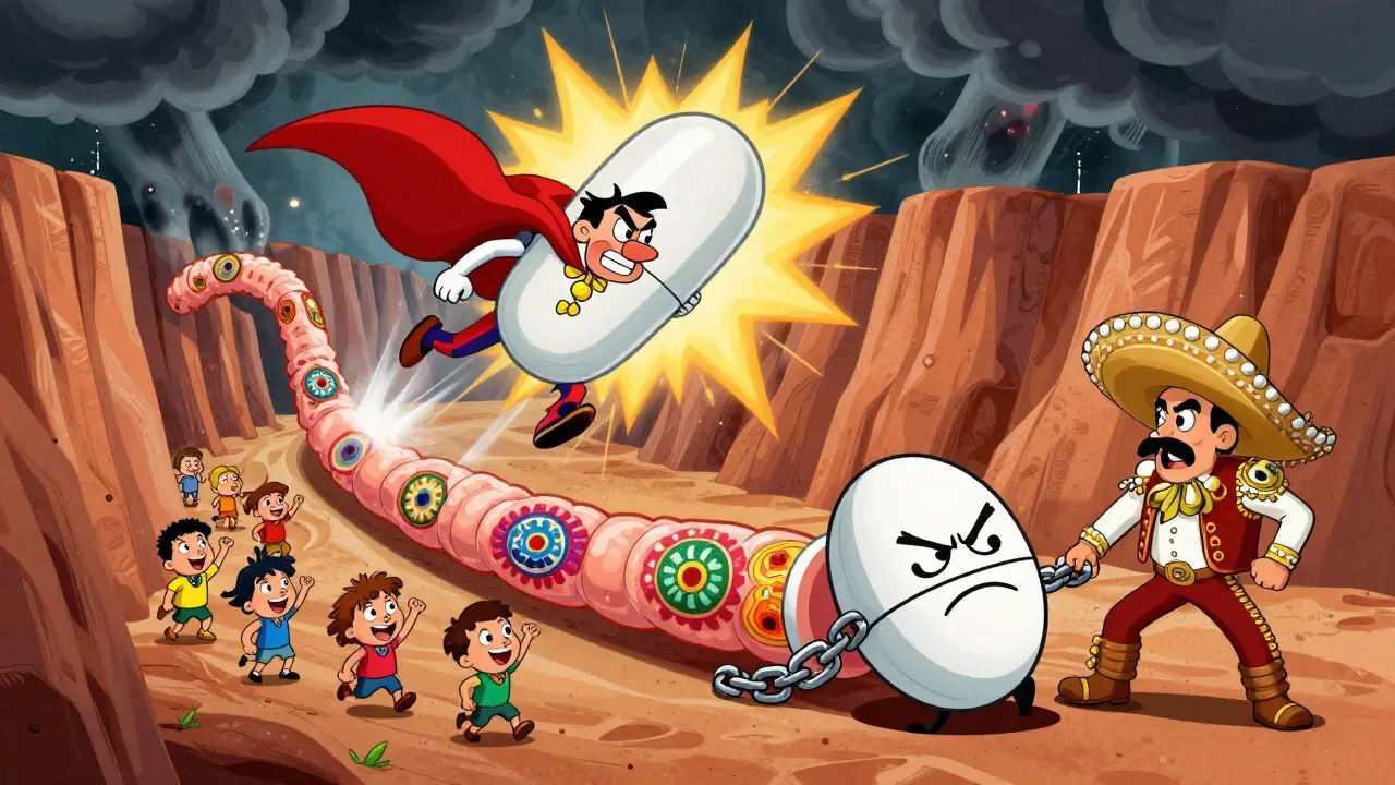 A heroic budesonide pill defeating inflammation clouds in a colon canyon, while a defeated prednisone pill is dragged away.