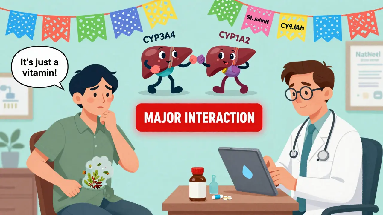 A patient ignores supplement risks while a clinician sees a major drug interaction alert on a tablet screen.