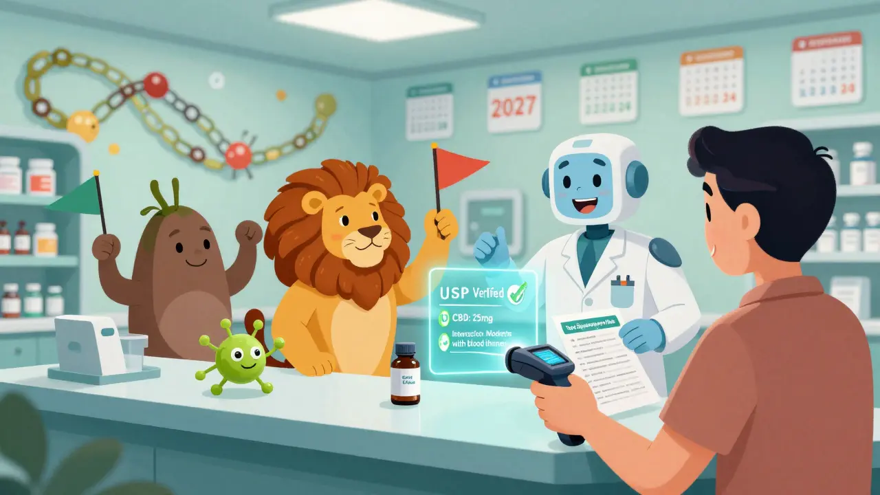 A patient scans a supplement bottle that projects a holographic safety rating, with friendly herbal icons nearby.