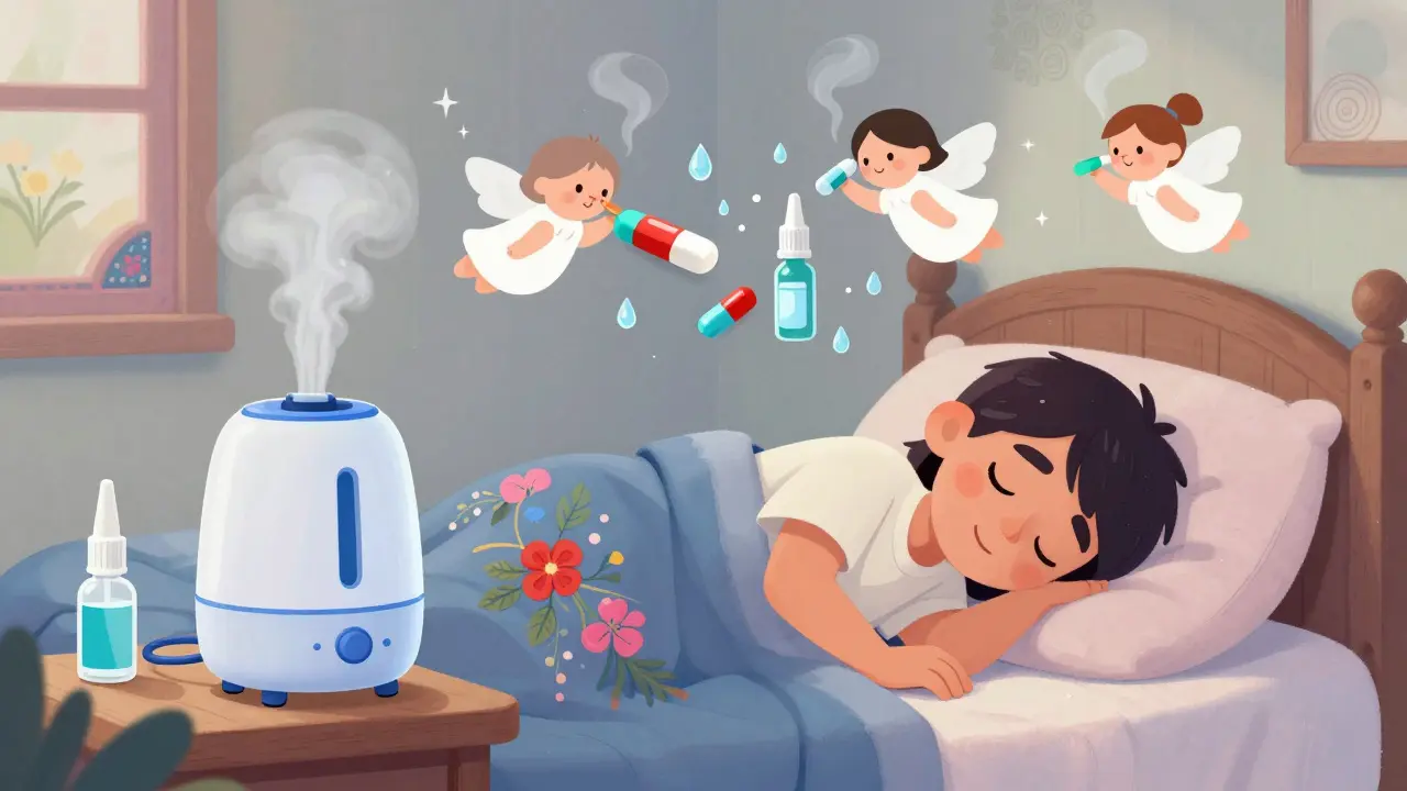 A person sleeps peacefully beside a humidifier while decongestant pills float away on steam, symbolizing safe, medication-free relief.