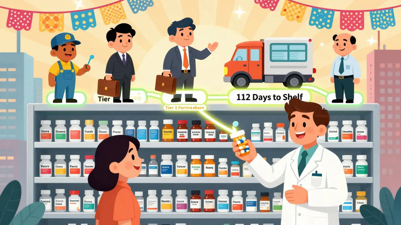 A pharmacist hands a pill bottle to a patient as a chain of workers connects the drug’s journey across the pharmacy shelf.