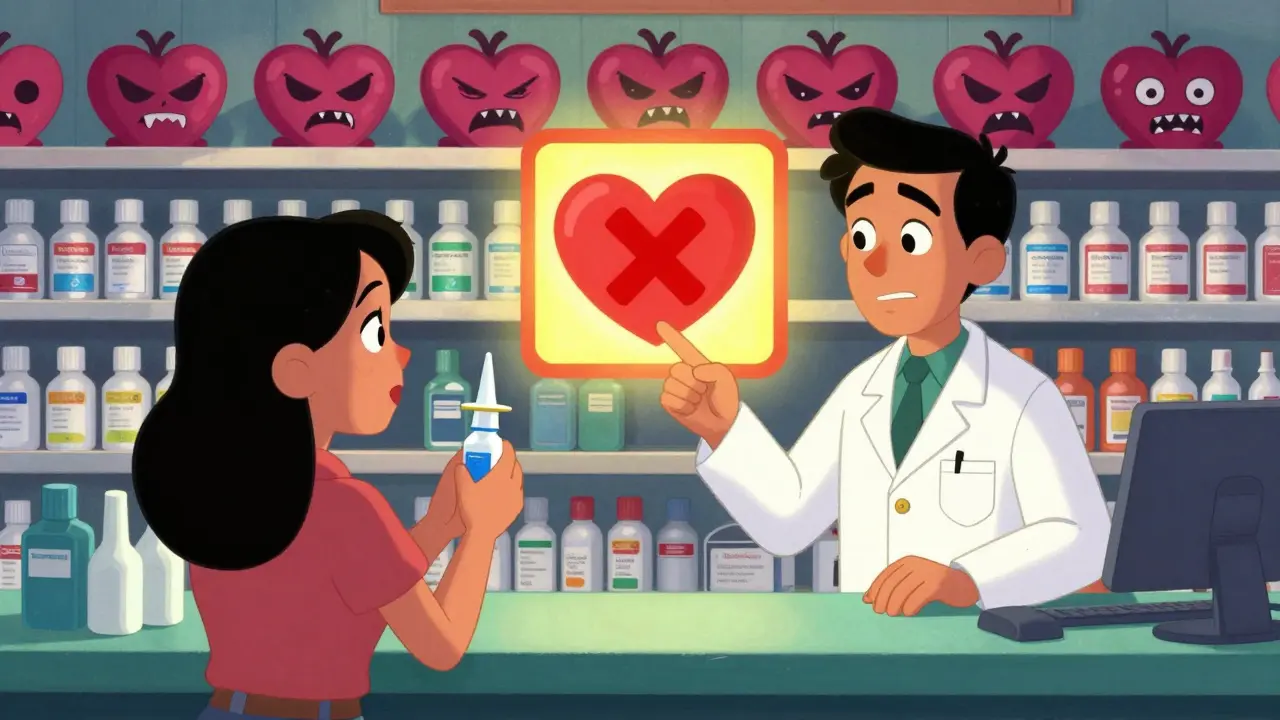 A pharmacist stops a customer from buying nasal spray, with warning signs shaped like hearts and decongestant bottles turning into menacing creatures.
