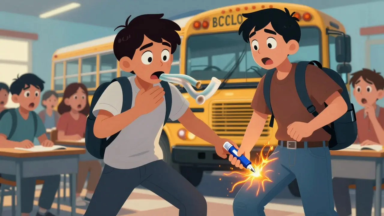 A teen on a bus receives an epinephrine injection in the thigh while classmates watch in shock, glowing device and collapsing airways shown dramatically.